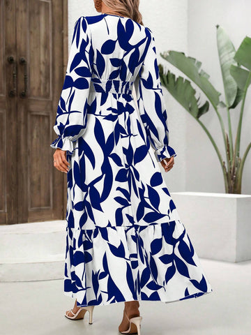 Women's Fashionable Leaf Printed Long Sleeve Dress