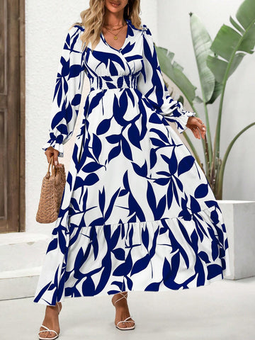 Women's Fashionable Leaf Printed Long Sleeve Dress