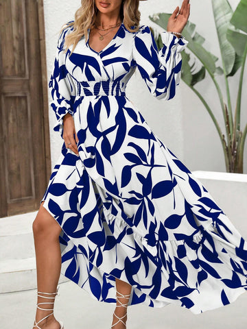 Women's Fashionable Leaf Printed Long Sleeve Dress