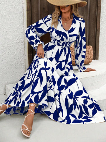 Women's Fashionable Leaf Printed Long Sleeve Dress