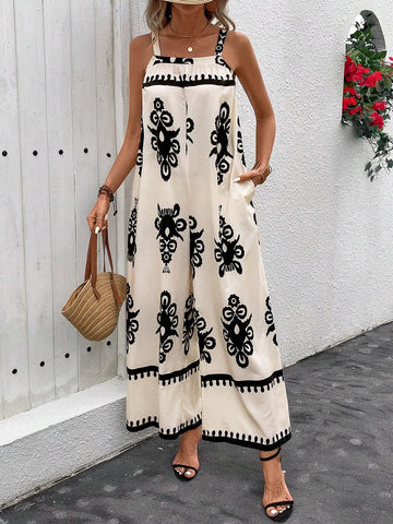 Women's Fashionable Loose Vacation Style Printed Strappy Jumpsuit