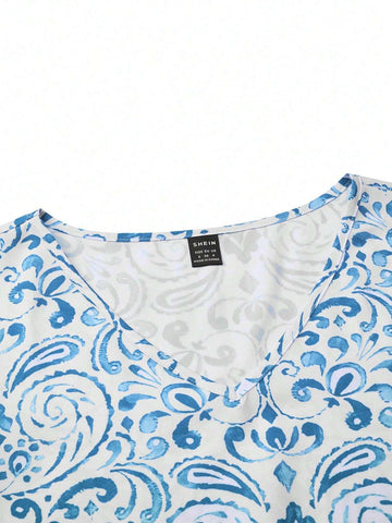 Women's Fashionable Printed Ruffle Sleeve V-Neck One-Piece Dress