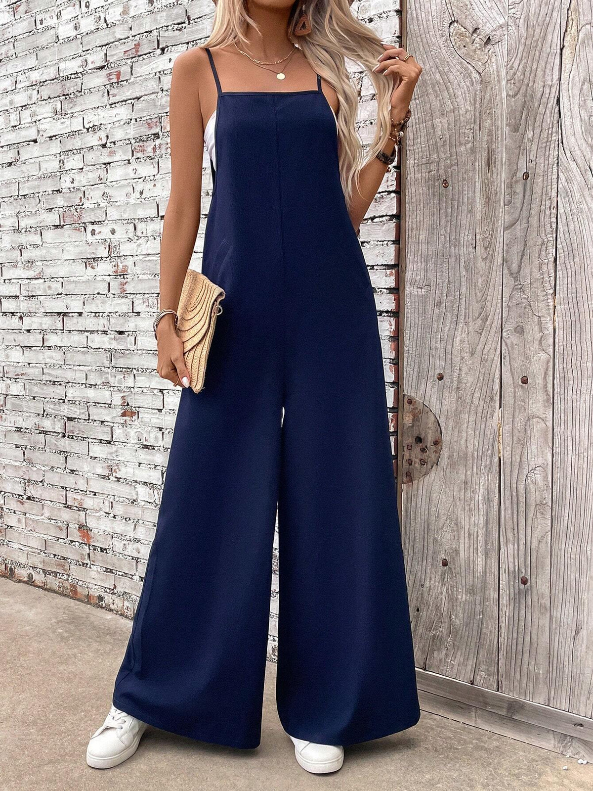 Women's Fashionable Simple Loose Solid Color Jumpsuit With Spaghetti Straps For Summer