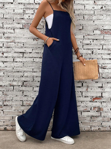Women's Fashionable Simple Loose Solid Color Jumpsuit With Spaghetti Straps For Summer