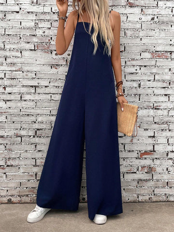 Women's Fashionable Simple Loose Solid Color Jumpsuit With Spaghetti Straps For Summer