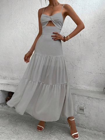 Women's Fashionable Solid Color Hollow-Out A-Line Spaghetti Strap Dress