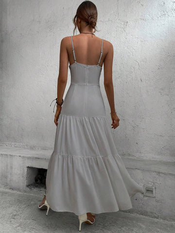 Women's Fashionable Solid Color Hollow-Out A-Line Spaghetti Strap Dress