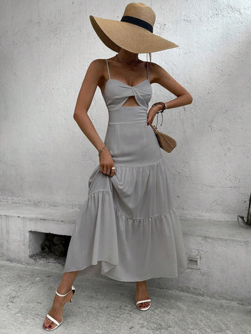 Women's Fashionable Solid Color Hollow-Out A-Line Spaghetti Strap Dress