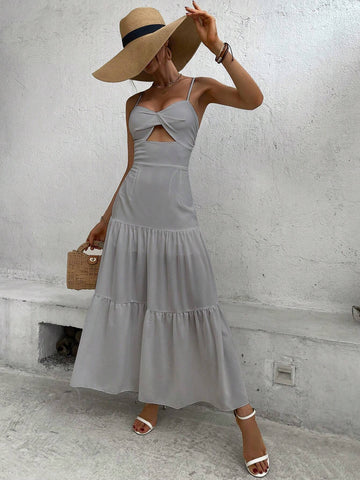 Women's Fashionable Solid Color Hollow-Out A-Line Spaghetti Strap Dress