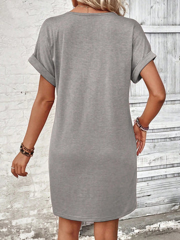 Women's Fashionable Solid Color Short Sleeve Buttoned Summer Dress