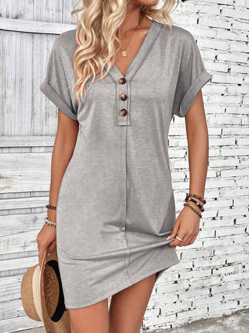 Women's Fashionable Solid Color Short Sleeve Buttoned Summer Dress