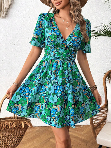 Women's Fashionable Summer Vacation Style Sleeveless Waist-Cinching Printed Dress