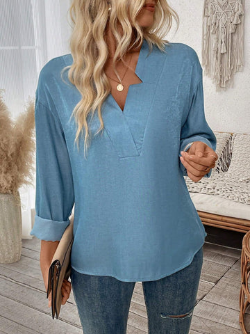 LUNE Women's Faux Denim Blue V Neck Long Sleeve Blouse