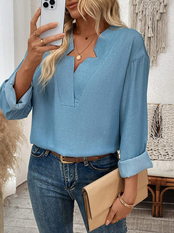 LUNE Women's Faux Denim Blue V Neck Long Sleeve Blouse
