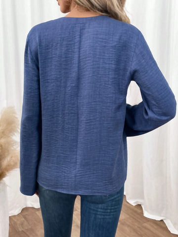 LUNE Women's Faux Denim Texture V-Neck Pleated A-Line Long Sleeve Shirt For Summer And Autumn