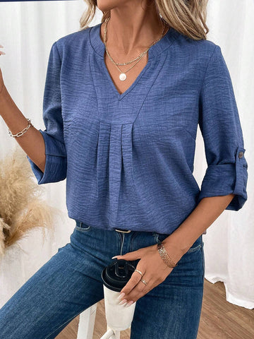 LUNE Women's Faux Denim Texture V-Neck Pleated A-Line Long Sleeve Shirt For Summer And Autumn