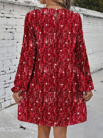Women's Faux Sequin Gradient Long Sleeve Round Neck Party Dress, Suitable For Summer