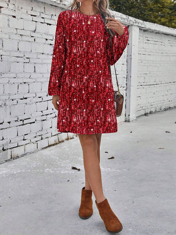 Women's Faux Sequin Gradient Long Sleeve Round Neck Party Dress, Suitable For Summer