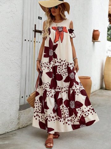 Women's Faux Two Pieces Off-Shoulder Loose Vest With Big Flower Print Dress