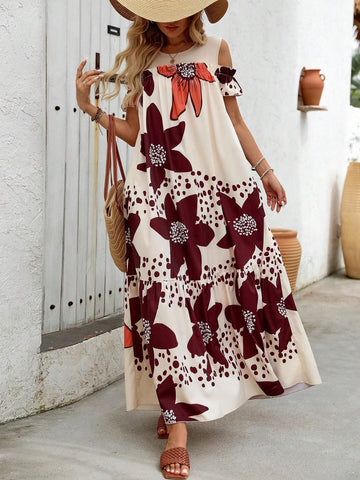 Women's Faux Two Pieces Off-Shoulder Loose Vest With Big Flower Print Dress