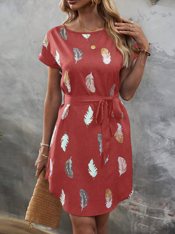 Women's Feather Print Batwing Sleeve Casual Mini Dress