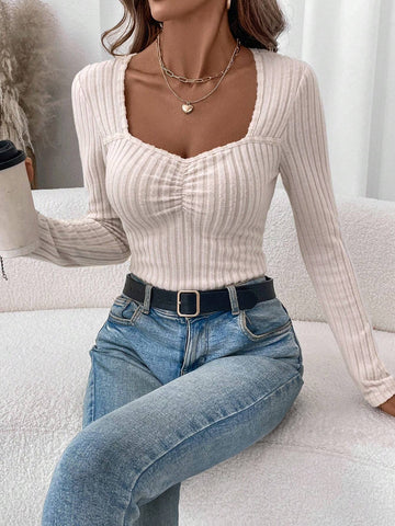 Women's Fleece Lined Ribbed Turtleneck Long Sleeve Bodysuit, Apricot, Fall/Winter