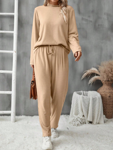 Women's Fleece Lined Solid Color Top And Pants Set