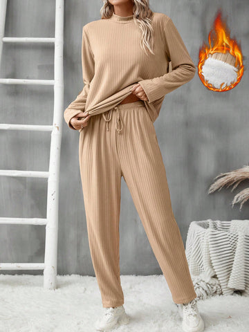 Women's Fleece Lined Solid Color Top And Pants Set