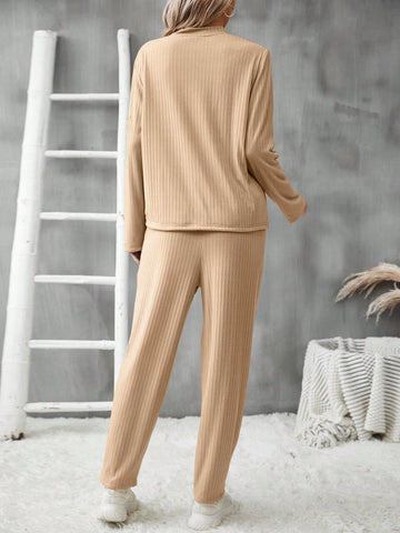 Women's Fleece Lined Solid Color Top And Pants Set