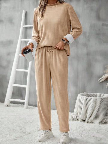 Women's Fleece Lined Solid Color Top And Pants Set
