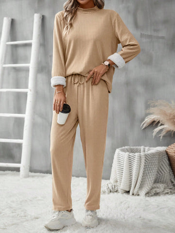 Women's Fleece Lined Solid Color Top And Pants Set