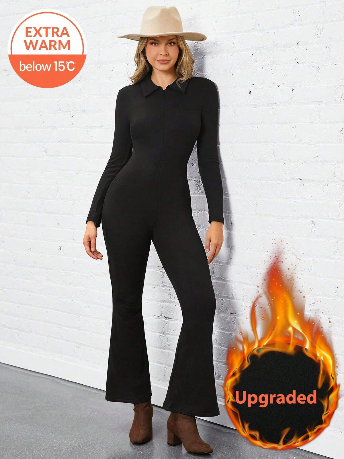 Women's Fleece Lined Thermal Jumpsuit, Long Sleeve And Pants Set, For Autumn And Winter