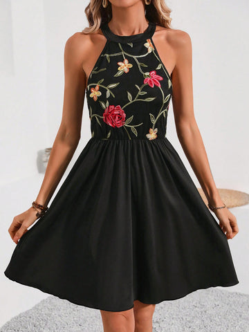 Women's Floral Embroidery Halterneck Dress