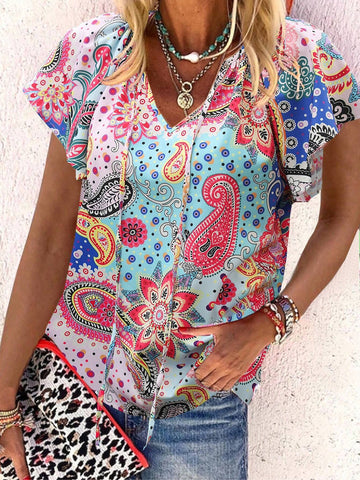 LUNE Women's Floral Print Bow Tie Short Sleeve Shirt, Asymmetric Hem