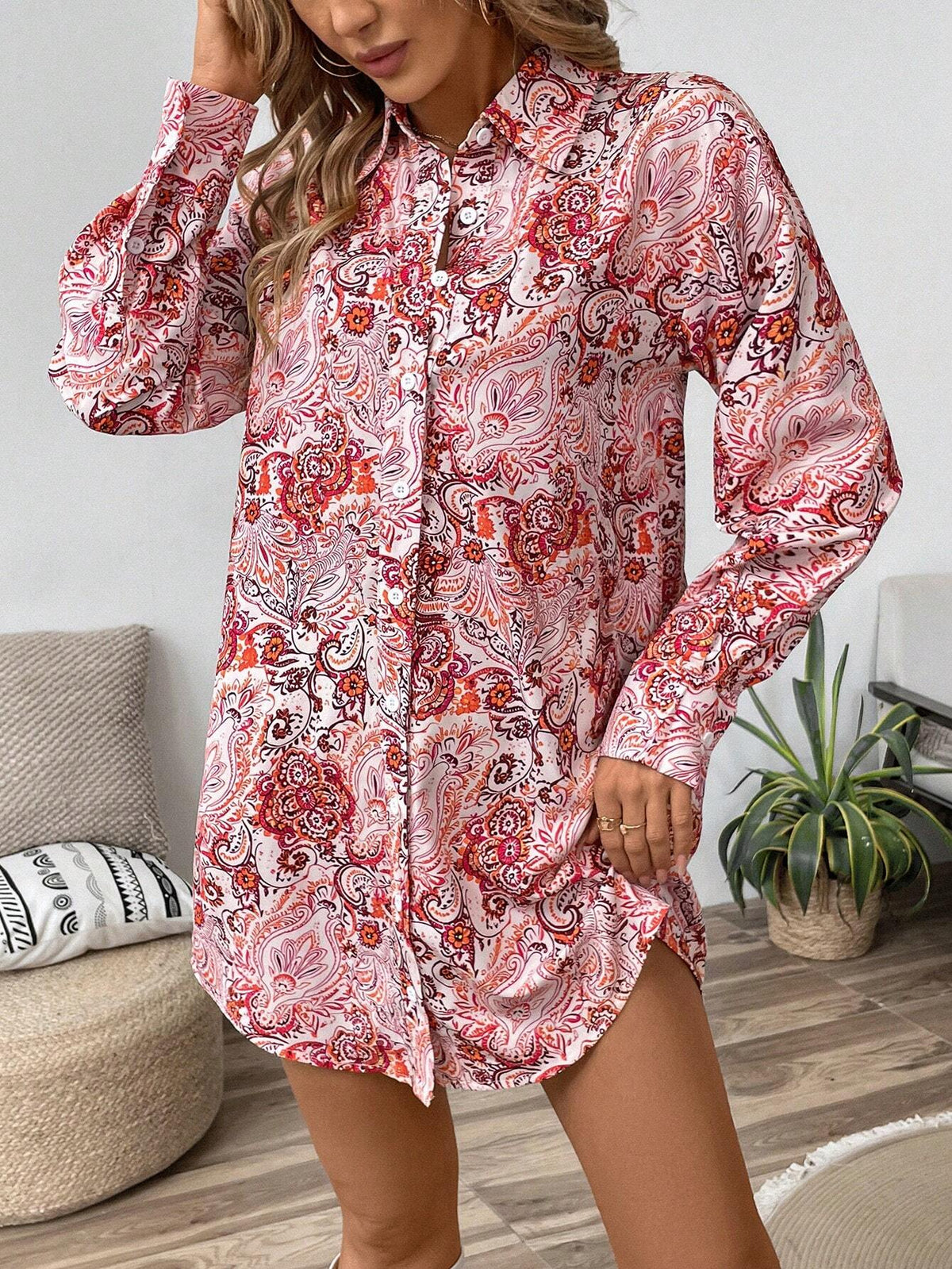 Women's Floral Print Button Front Long Sleeve Casual Mini Dress