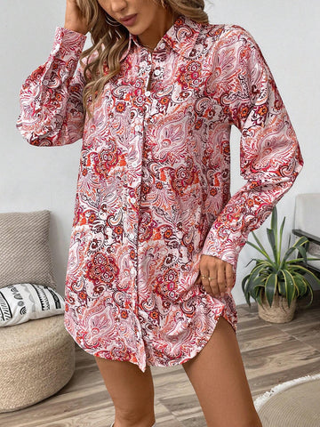 Women's Floral Print Button Front Long Sleeve Casual Mini Dress