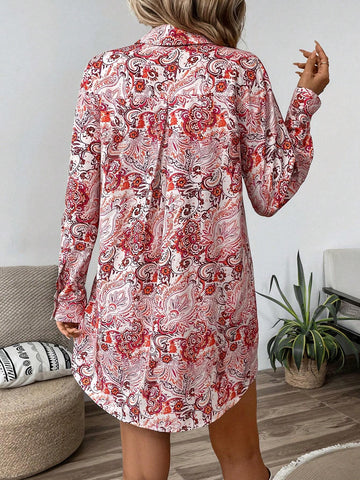 Women's Floral Print Button Front Long Sleeve Casual Mini Dress