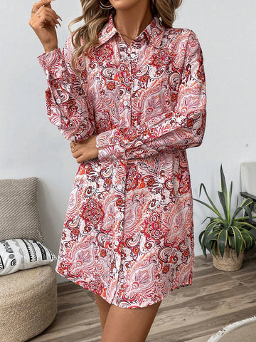 Women's Floral Print Button Front Long Sleeve Casual Mini Dress