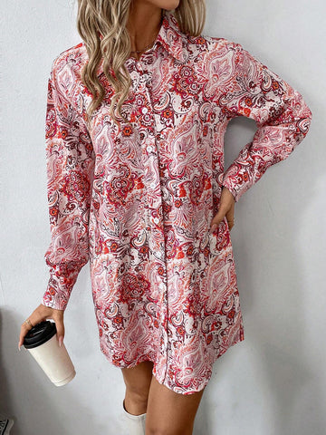 Women's Floral Print Button Front Long Sleeve Casual Mini Dress