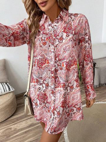 Women's Floral Print Button Front Long Sleeve Casual Mini Dress