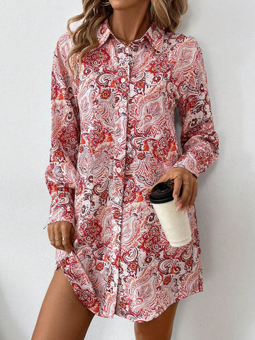 Women's Floral Print Button Front Long Sleeve Casual Mini Dress
