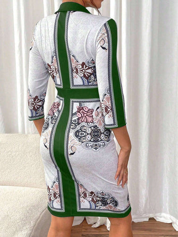 Women's Floral Print Colorblock Button Up Half Placket Dress, Elegant For Autumn