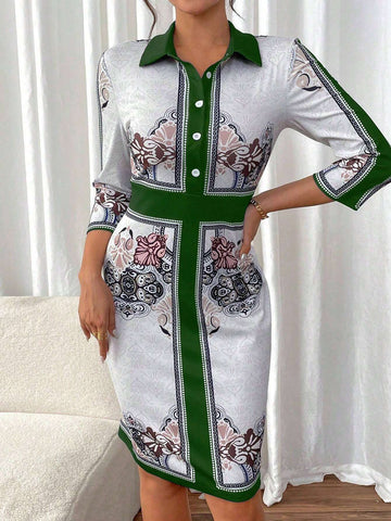 Women's Floral Print Colorblock Button Up Half Placket Dress, Elegant For Autumn