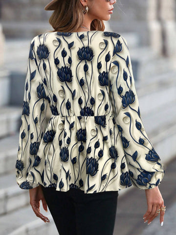 LUNE Women's Floral Print Cross V-Neck Long Sleeve Blouse