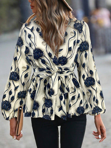 LUNE Women's Floral Print Cross V-Neck Long Sleeve Blouse