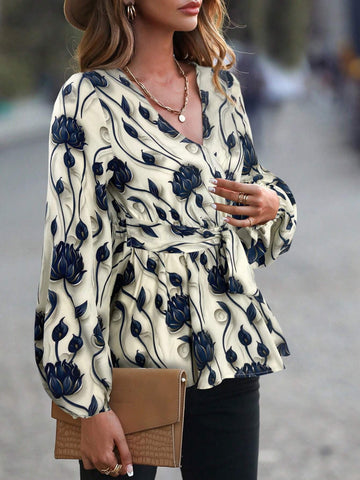 LUNE Women's Floral Print Cross V-Neck Long Sleeve Blouse