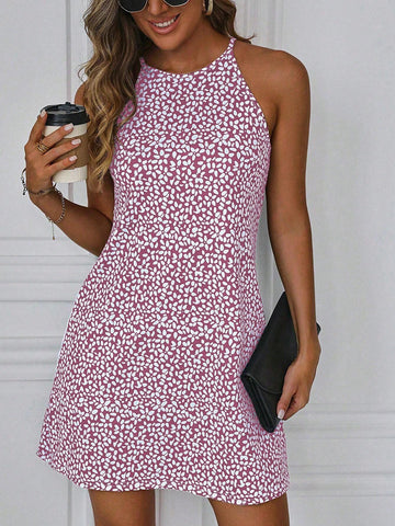 Women's Floral Print Halter Style Mini Vacation Dress