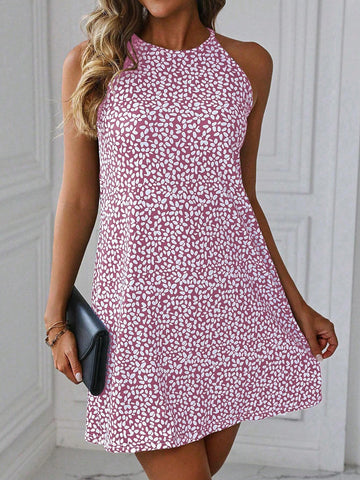 Women's Floral Print Halter Style Mini Vacation Dress