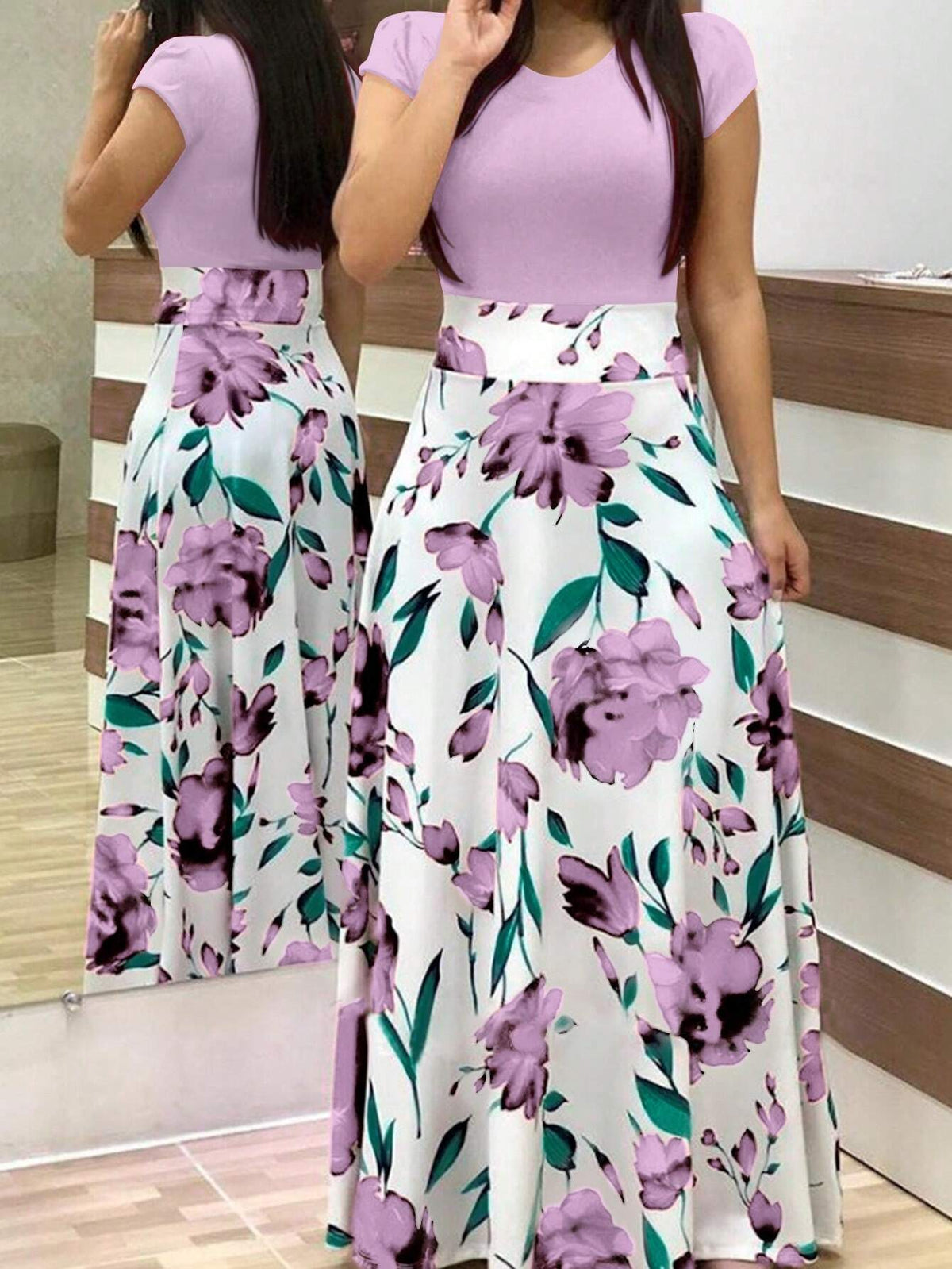 Women's Floral Print Round Neck Short Sleeve Dress, Summer