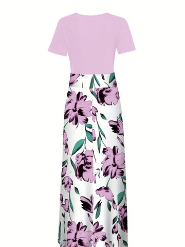 Women's Floral Print Round Neck Short Sleeve Dress, Summer